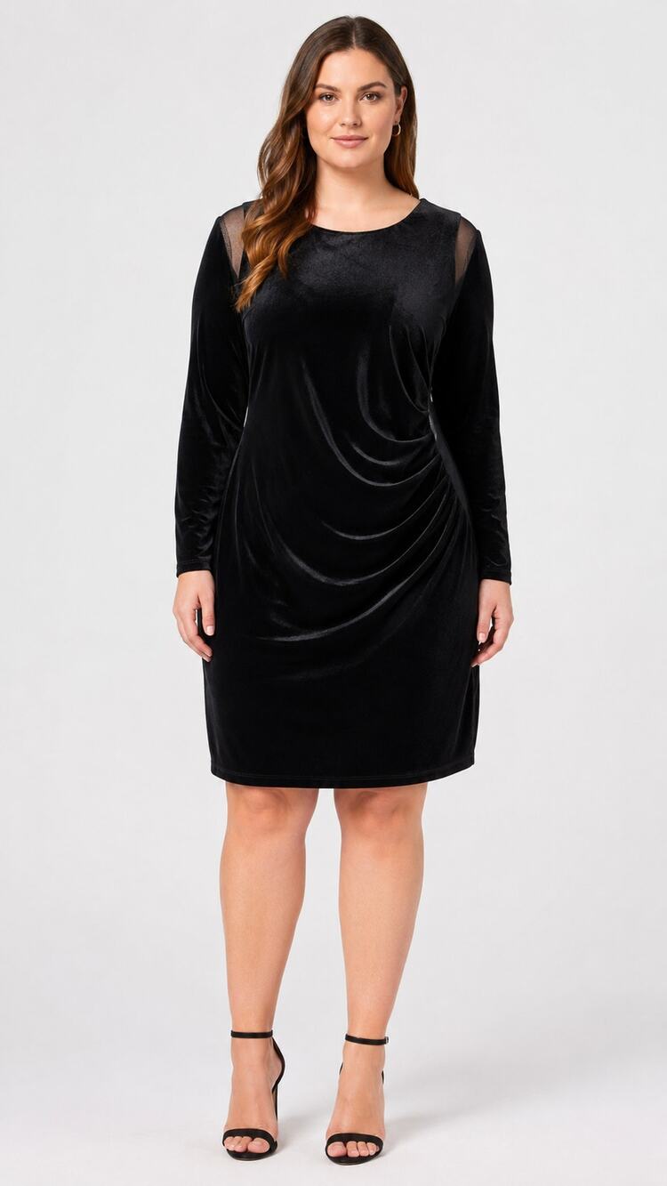 Lauren Ralph Lauren Long Sleeve Velvet Ruched Cocktail Dress Black Women Size 14
